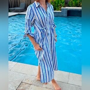 NIC+ZOE Oasis Stripe Jamie Long Button‑Down Shirtdress — Blue Multi | NWT.